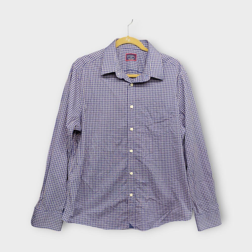Mens UNTUCKit Stretchy Blue Plaid Long Sleeve Button Up Size Large - Picture 1 of 5